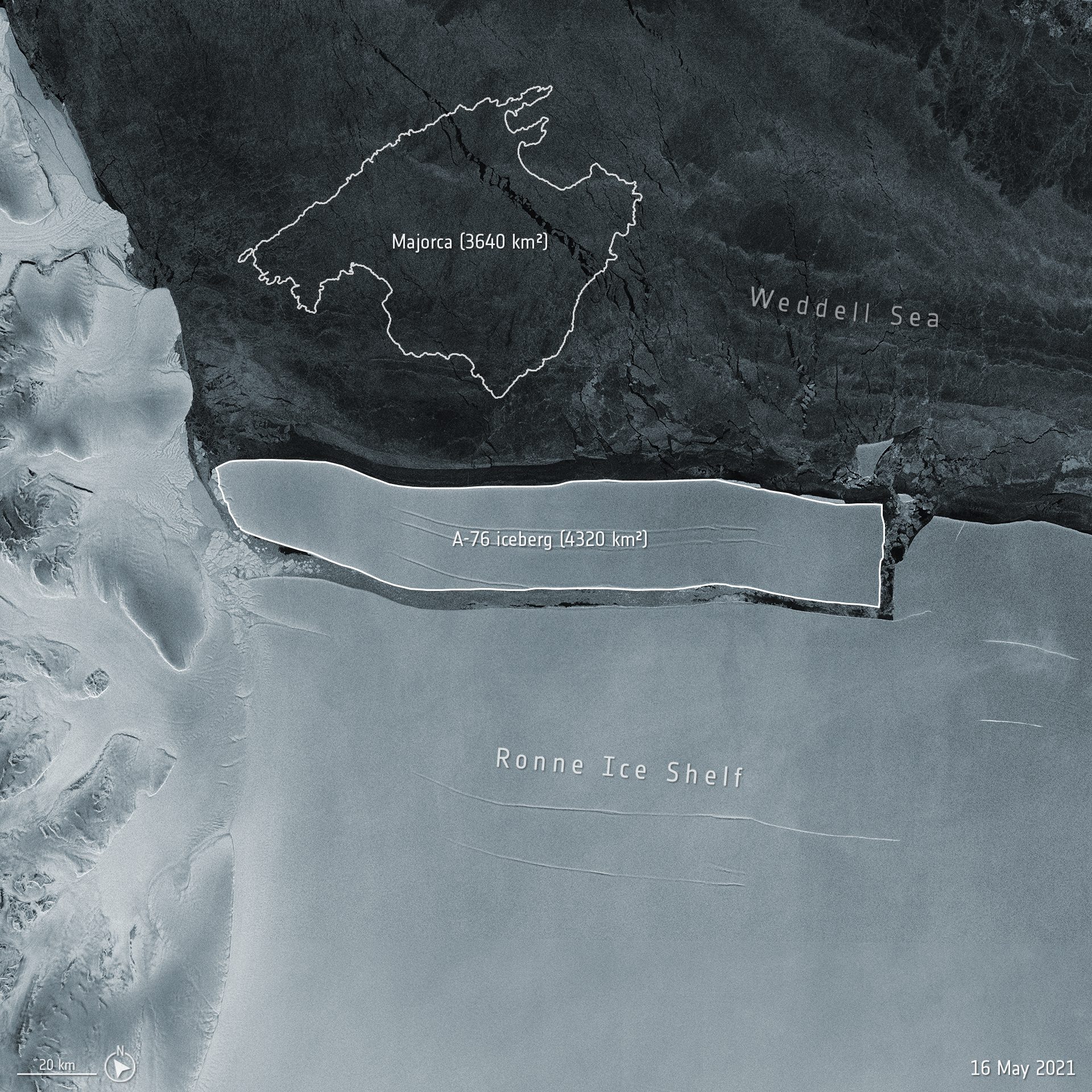 A-76 iceberg just after the calving event in May captured on satellite image. Size comparison to Majorca.