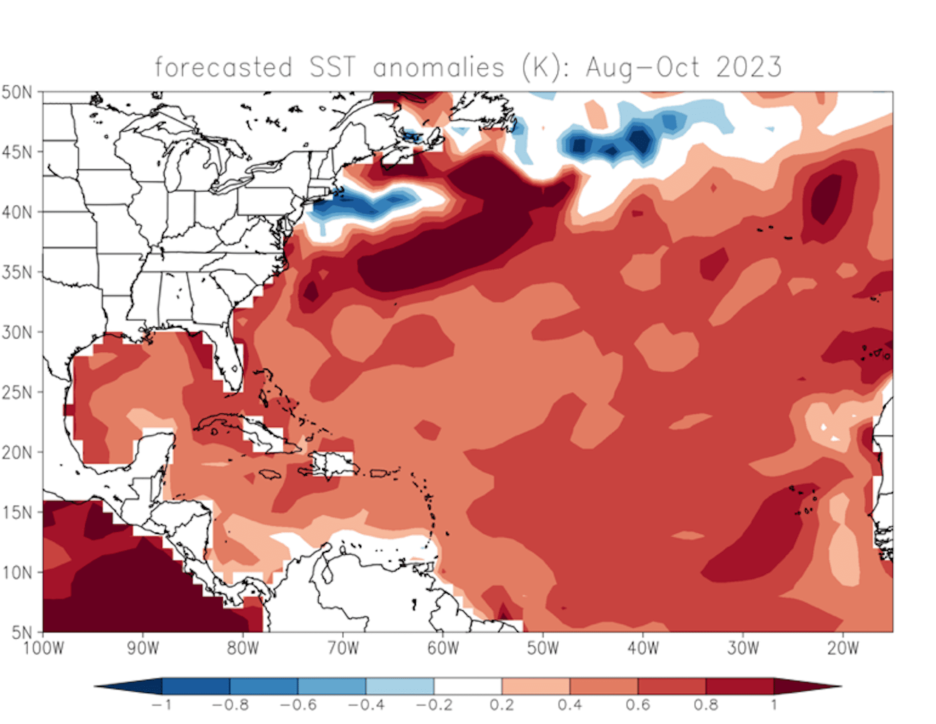 Sea surface temperature anomaly in degrees Celsius forecast for August to October 2023