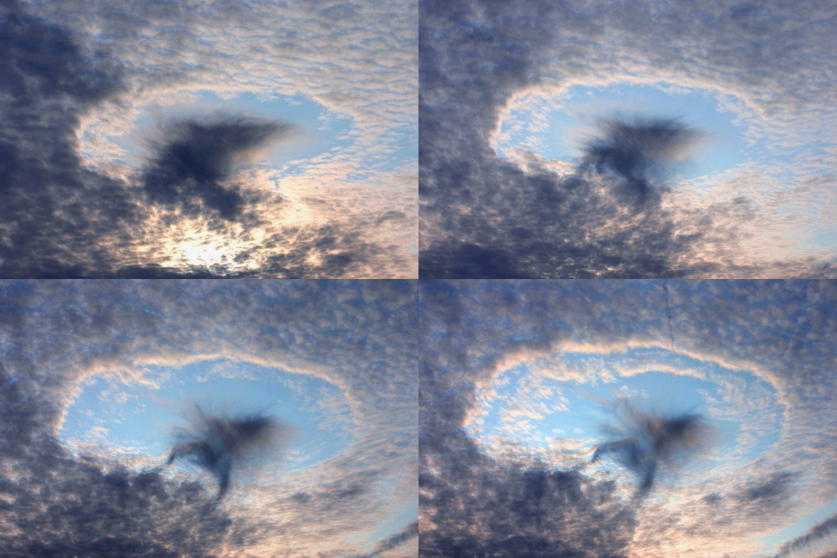 This composite of four individual photos shows the development of a hole punch cloud and its attendant fall streak over 20 minutes.
