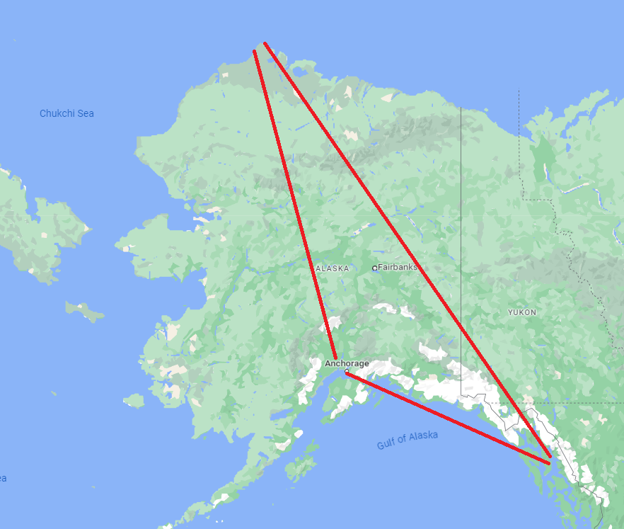 A map The Alaska Triangle is between roughly between the three points of Anchorage and Juneau in the south, and Utqiagvik, a small remote city found on the northern coast.
