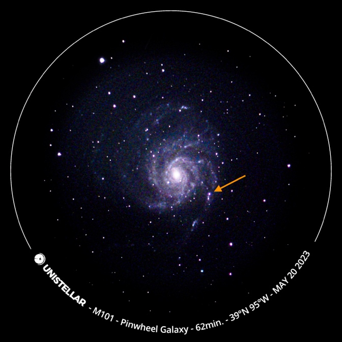 SN 2023ixf shown with an orange arrow on an image of the Pinwheel galaxy