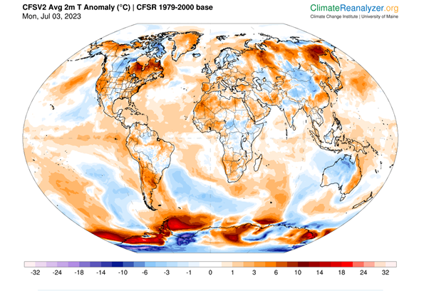 Map of global temperature anomalies on July 3 compared to normal for this time of year. Slightly larger anomalies have been observed at other times, such as March 9 this year, relative to a lower baseline temperature