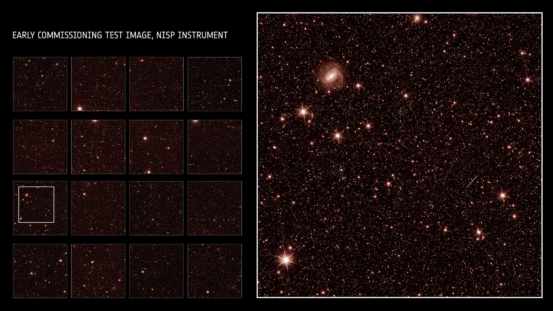 16 test images from the NISP instruments each full of tiny dots of light, distant galaxies, and some bigger clearer galaxies in the foreground