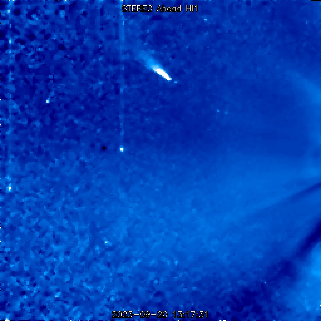 Comet Nishimura photobombs NASA’s STEREO-A spacecraft as a blazing fuzzy white light as it was taking images of the Sun’s corona on September 20.
