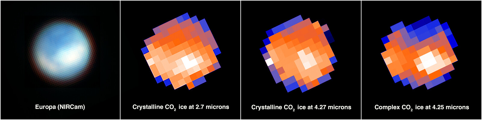 Four images that show first a pixilated image of Jupiter's moon Europa that is mainly blue but shows white pathces which are carbon dioxide, followed by three images that show crystaline CO2 at 2.7 microns, 4.27 microns and 4.25 microns