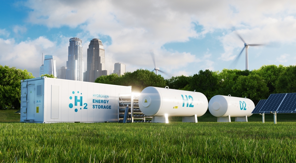 Concept of a hydrogen energy storage system in a clean environment with solar panels, wind farms and a city in the background.