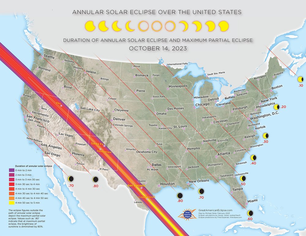 The path of the October 14 2023 annular eclipse and the regions of partial eclipse across the US.