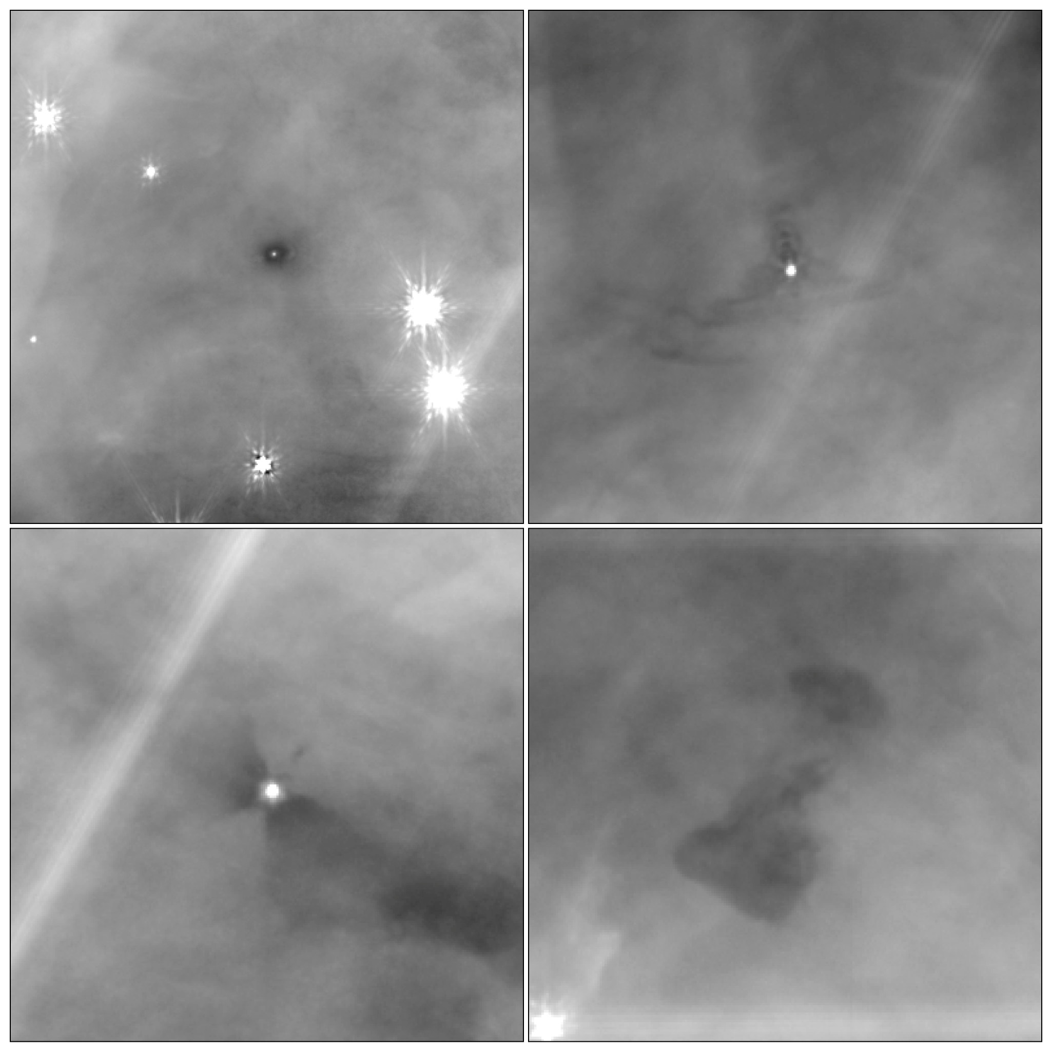 four more black and white photos showing slightly darker clouds in front of the more uniform nebula in the background