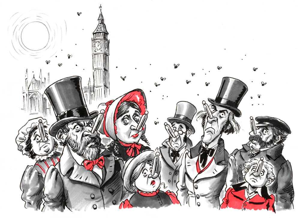 people in a cholera outbreak in london with pegs on their noses due to a bad smell