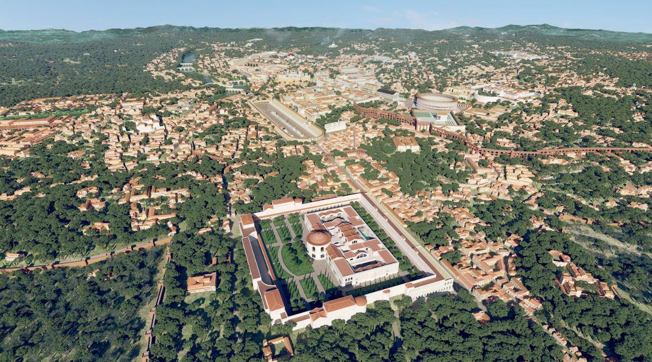 Aerial view of the city from the southeast. In the foreground are the Baths of Caracalla. In the middle ground can be made out the Circus Maximus (the 600- meter-long racetrack in the center of the image) and the Colosseum (to the right). In the distance is the Tiber River.