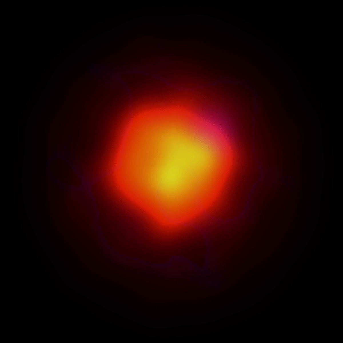  This high-resolution animation captures the star's submillimeter-wave radiation in a warm color palette, illustrating the vigorous activity in the star's outer layers. The cooler hues map the intricate dance of hydrogen cyanide (HCN) masers detected in ALMA's Band 10 at an impressively high frequency of 891 GHz. The animation shows different parts of the HCN gas moving at varying radial velocities. The color of the velocity indicates the direction it is moving in: redshift (positive velocity) means that the gas is moving away, while blueshift (negative velocity) means it is approaching.