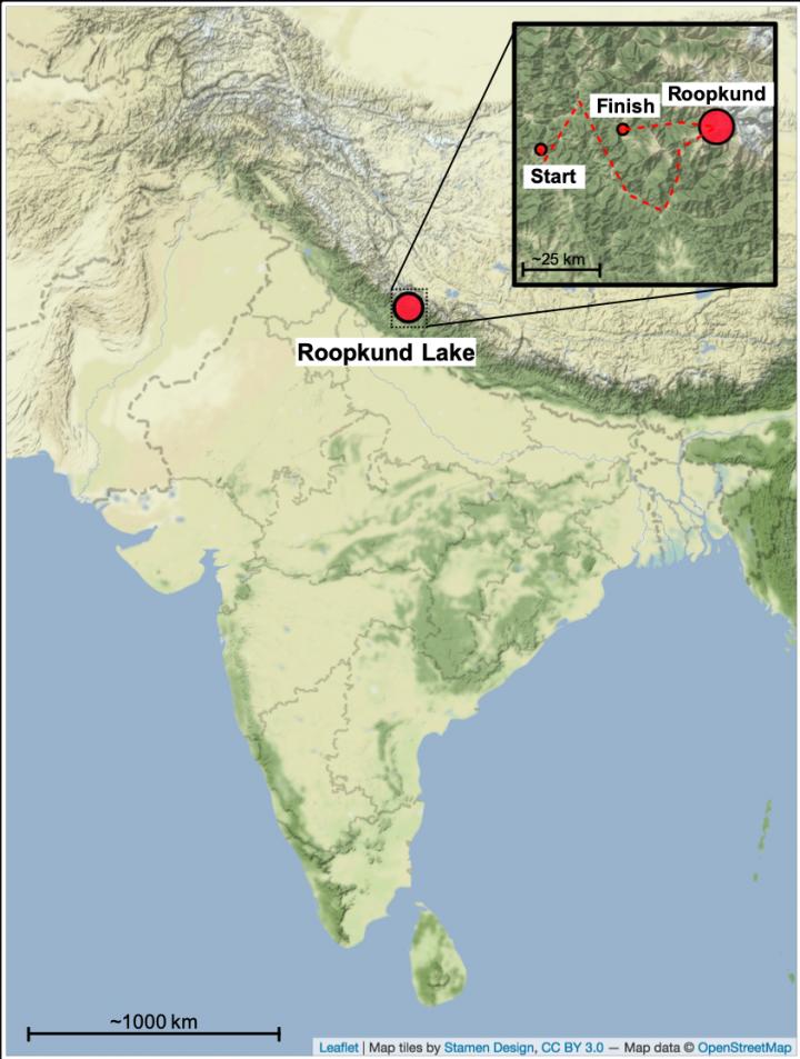 Map showing location of Roopkund Lake in the Himalayas, with the inset showing the route of the Nanda Devi Raj Jat pilgrimage.