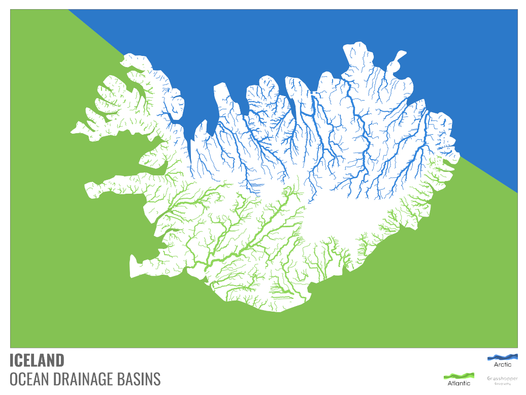 A map of Iceland showing the rivers that flow into the the Atlantic (green) and the Arctic Ocean (blue.) A map of Iceland showing the rivers that flow into the the Atlantic (green) and the Arctic Ocean (blue.)
