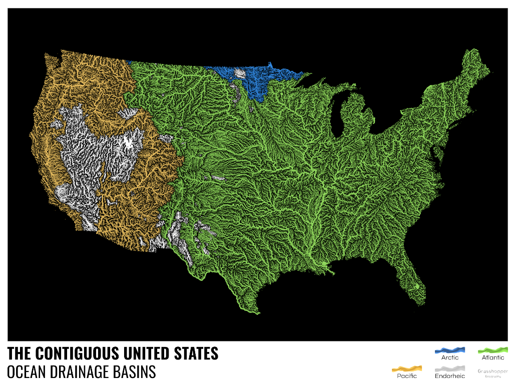 A map of the Contigious US showing the rivers that flow into the Pacific Ocean (orange), the Atlantic (green), and the Arctic (blue.) A map of the Contigious US showing the rivers that flow into the Pacific Ocean (orange), the Atlantic (green), and the Arctic (blue.)