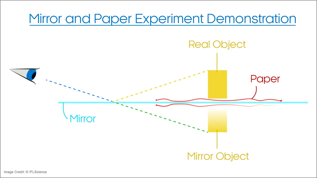 A diagram explaining how light reflects at the same angle it came in on off a mirror.