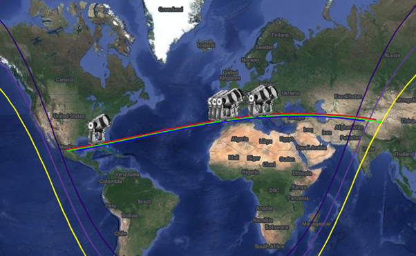 The current estimate of the occultation path (subject to slight revisions in red and green, with night areas inside the purple and yellow lines
