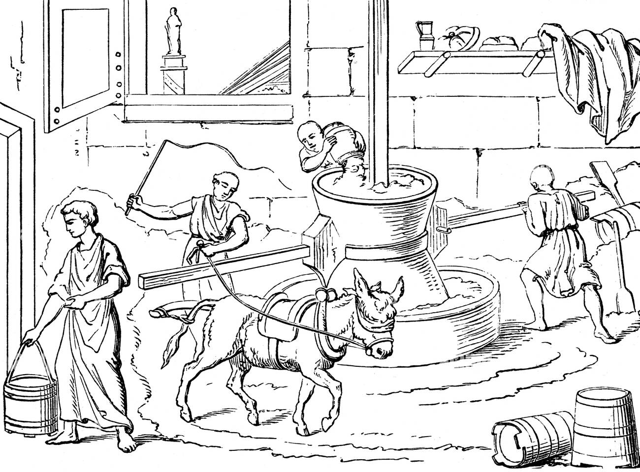 illustration of slaves and donkey working in the prison bakery, moving the millstone to grind flour