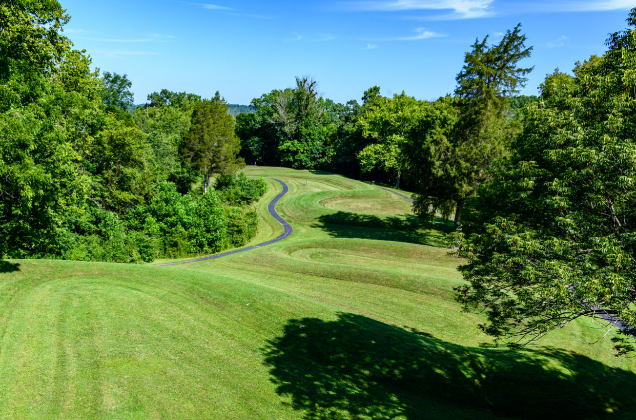 The Great Serpent Mound prehistoric Adena Native American effigy in Summer