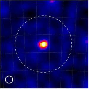 An image showing a bright pixelated dot over a dark background. That's the pulsar signal. A much wider circle is drawn around it showing the imprvement in resolution