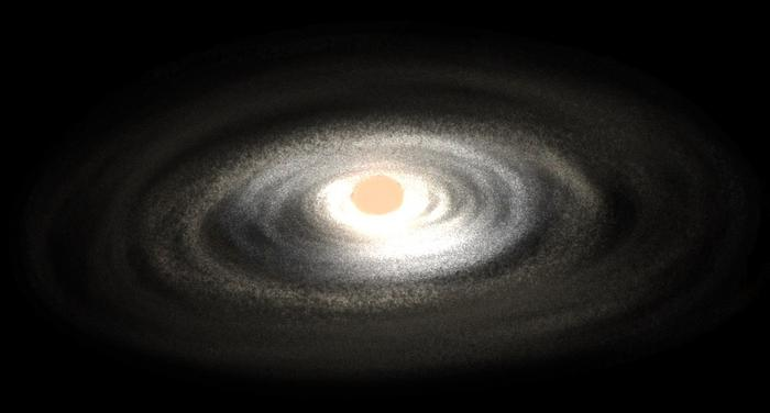 Artist's impression of an eruption in the disc of matter around a newborn star. Like the Sun's corona being hotter than it surface, the innermost part of the disc becomes hotter than the star itself.