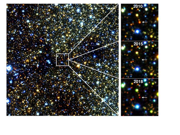 A red giant star near the center of the galaxy that faded for a few years as a result of obscuring smoke