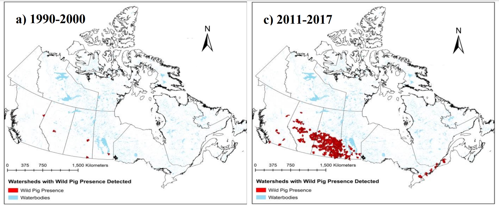 Map show the growth of wild pig populations in Canada between 1990-2000 compared to 2011-2017.