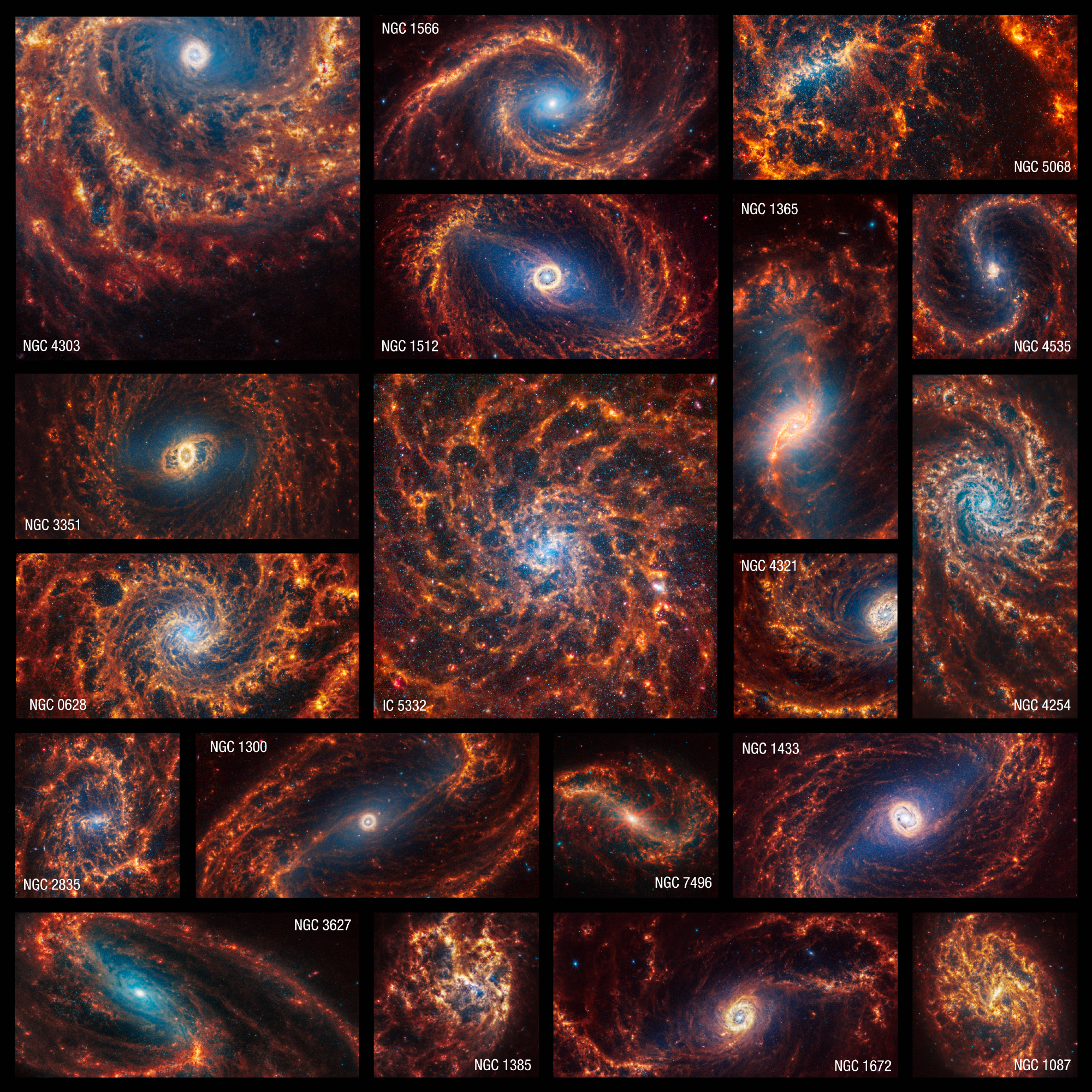 A mosaic of the 19 images of the spiral galaxies. They all show complex wavy strcutres roughly spirally but less defined than a visible image with a bright core in every picture