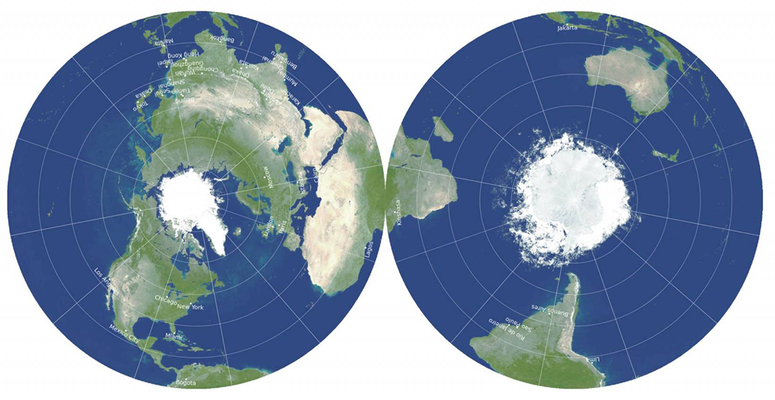 A two-sided map, showing each hemisphere