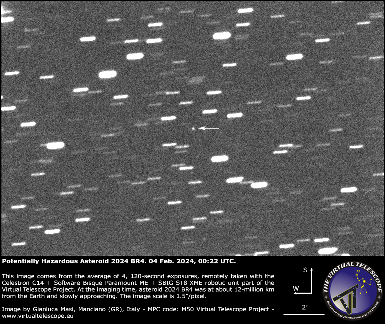 A photo shows the asteroid as s tiny dot - bsavkground stars are shown with motion blur as the telescope was follwing the asteroid