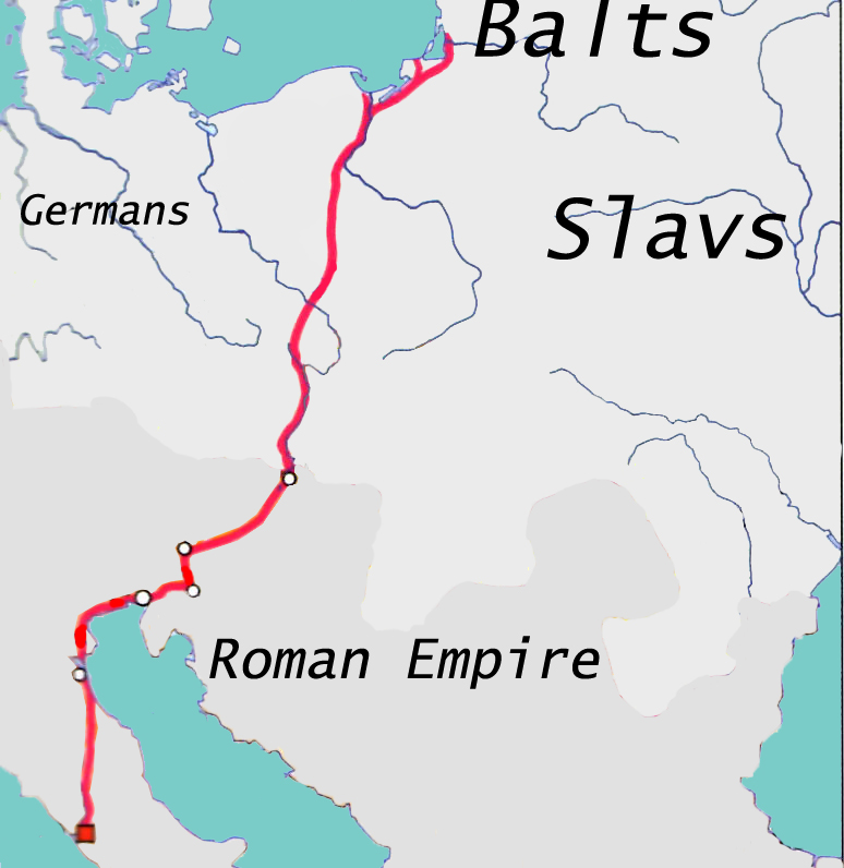 A map of Central Europe showing the Amber Road trade route.