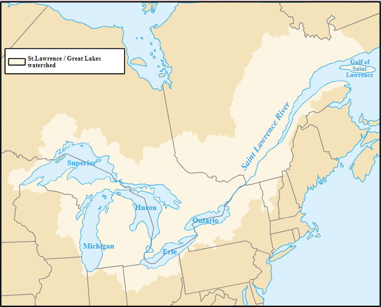 Map of North American showing the Great Lakes and St. Lawrence River.