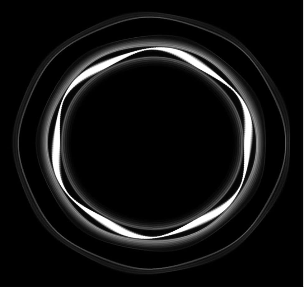 Simulated rings around Chariklo from this research, with an approximate 3 kilometer radius satellite in a 6:5 mean-motion-resonance. Ring particles are shown in white.