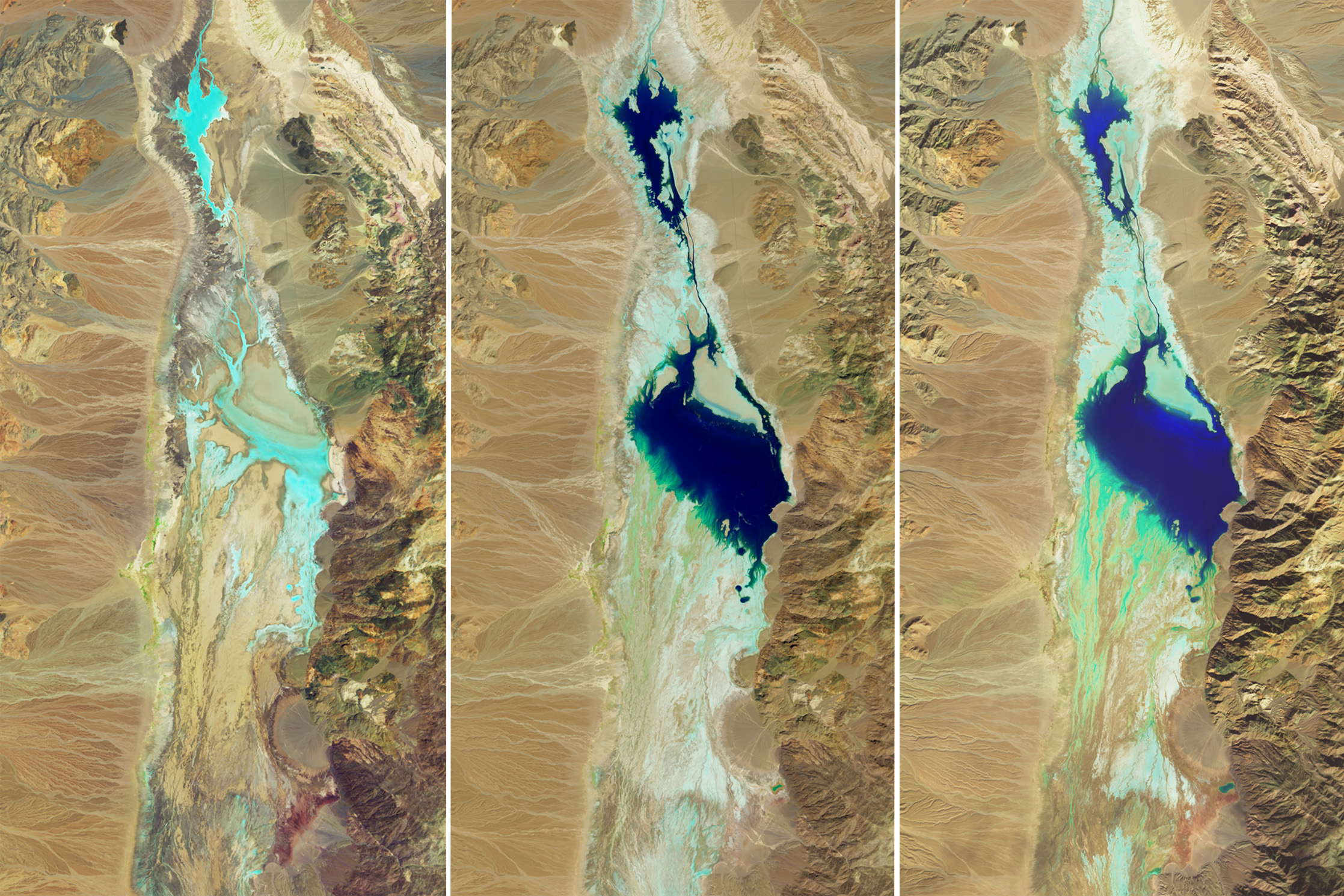 Satellite images of Badwater Basin on July 5th, 2023 (left), August 30th, 2024 (center), and February 14, 2024 (right).