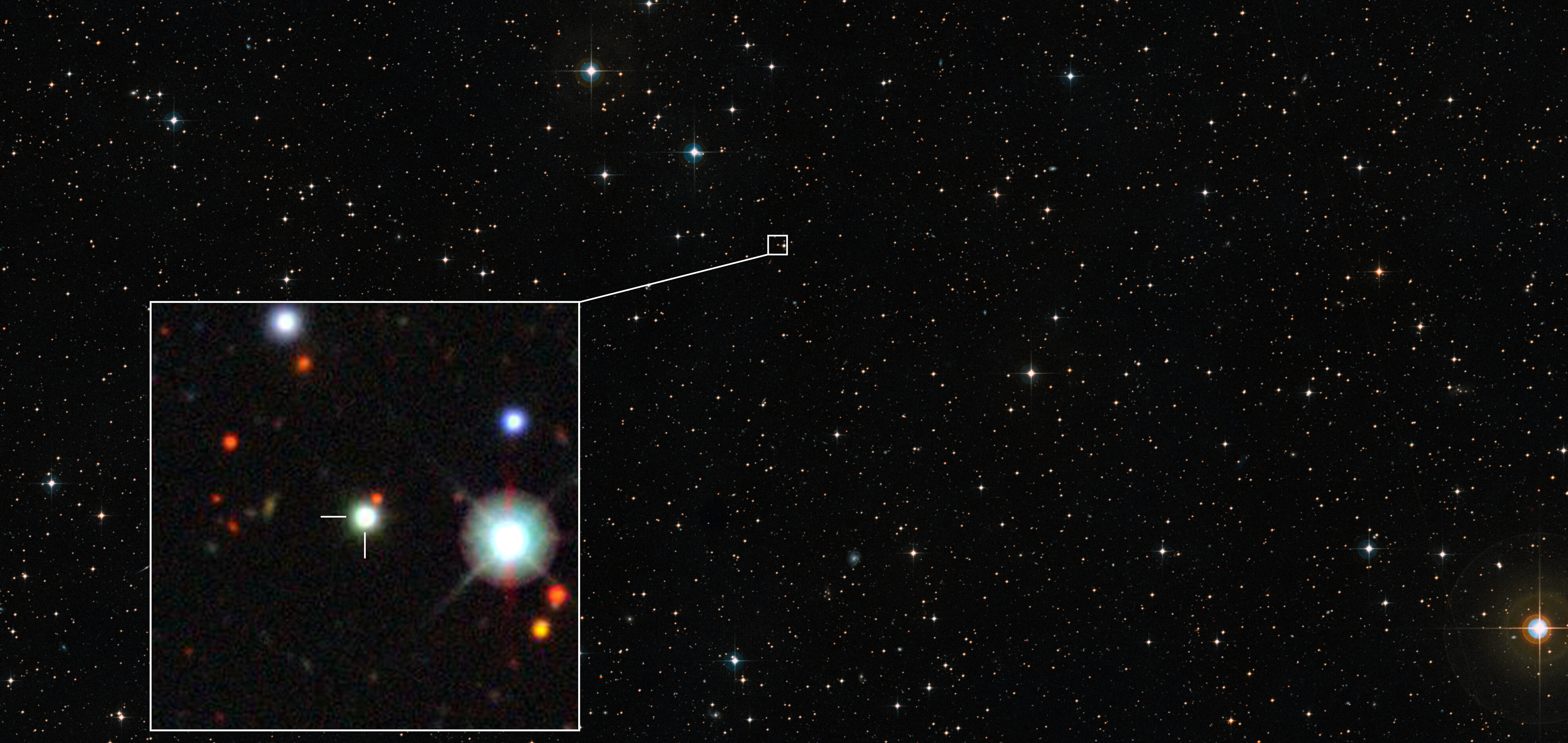 By combining images from the Digitized Sky Survey 2, we get the general image, on which is barely visible. The inset shows the location of the quasar in an image from the Dark Energy Survey