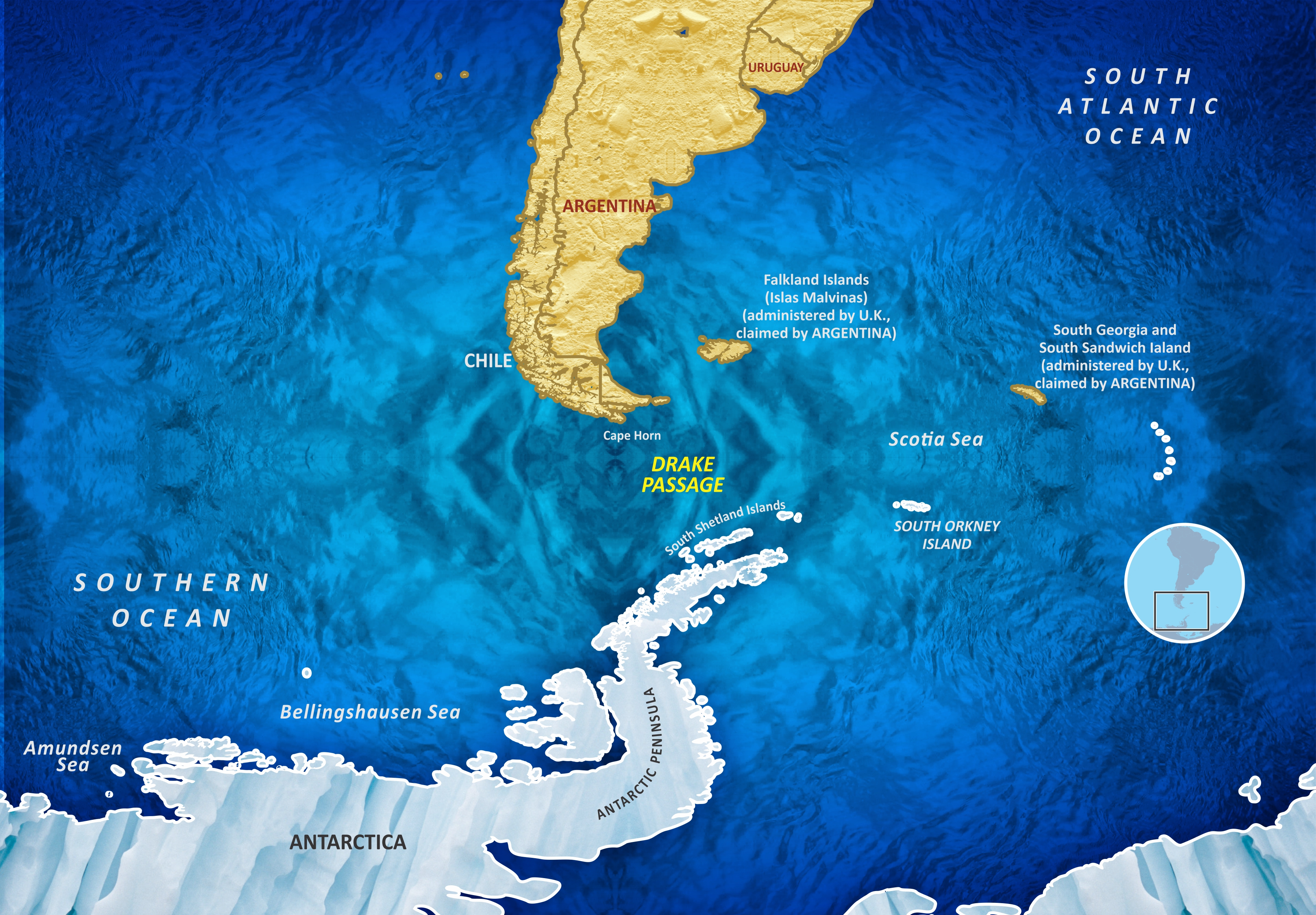 A map of the Drake Passage Waterway Connecting the Atlantic & Pacific oceans between South America and Antarctica. 