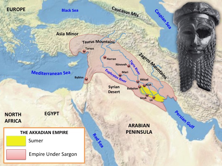 map of a likely location of the Akkadian Empire, covering an area around the Mediterranean, Persian Gulf and Arab Peninsula