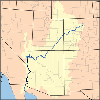 A map of western USA showing the Colorado River in blue and its river basin in light yellow.