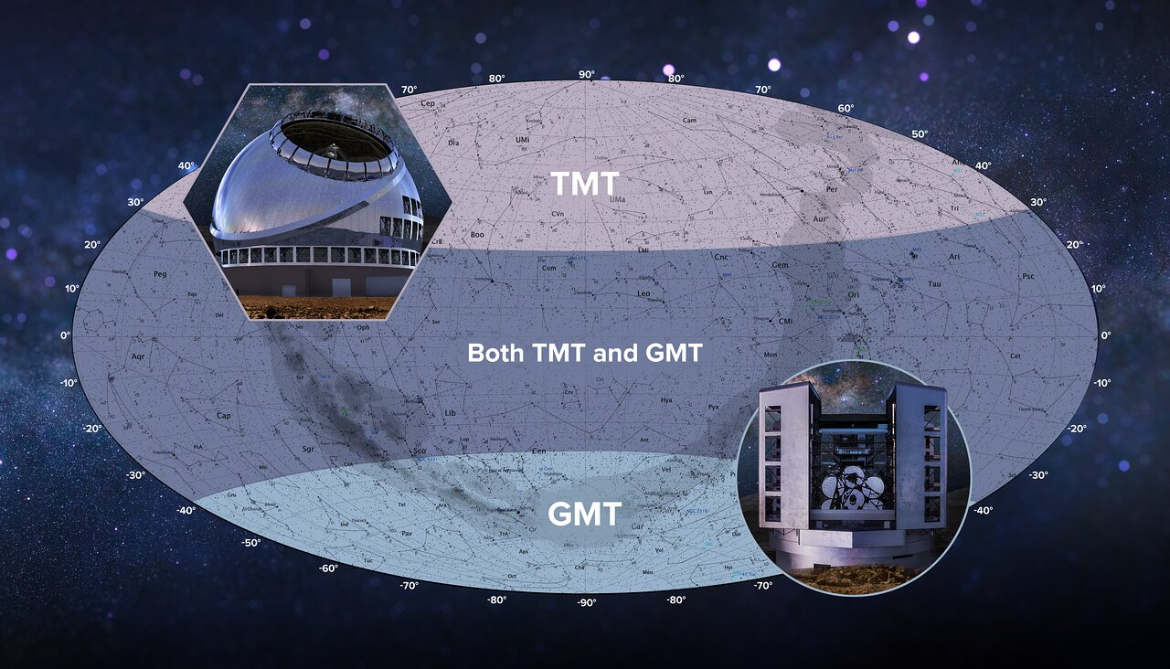 Areas of the sky that could be seen by the proposed Giant Magellan Telescope and Thirty Meter Telescope. Without one of them muhc of the sky will be uncovered.