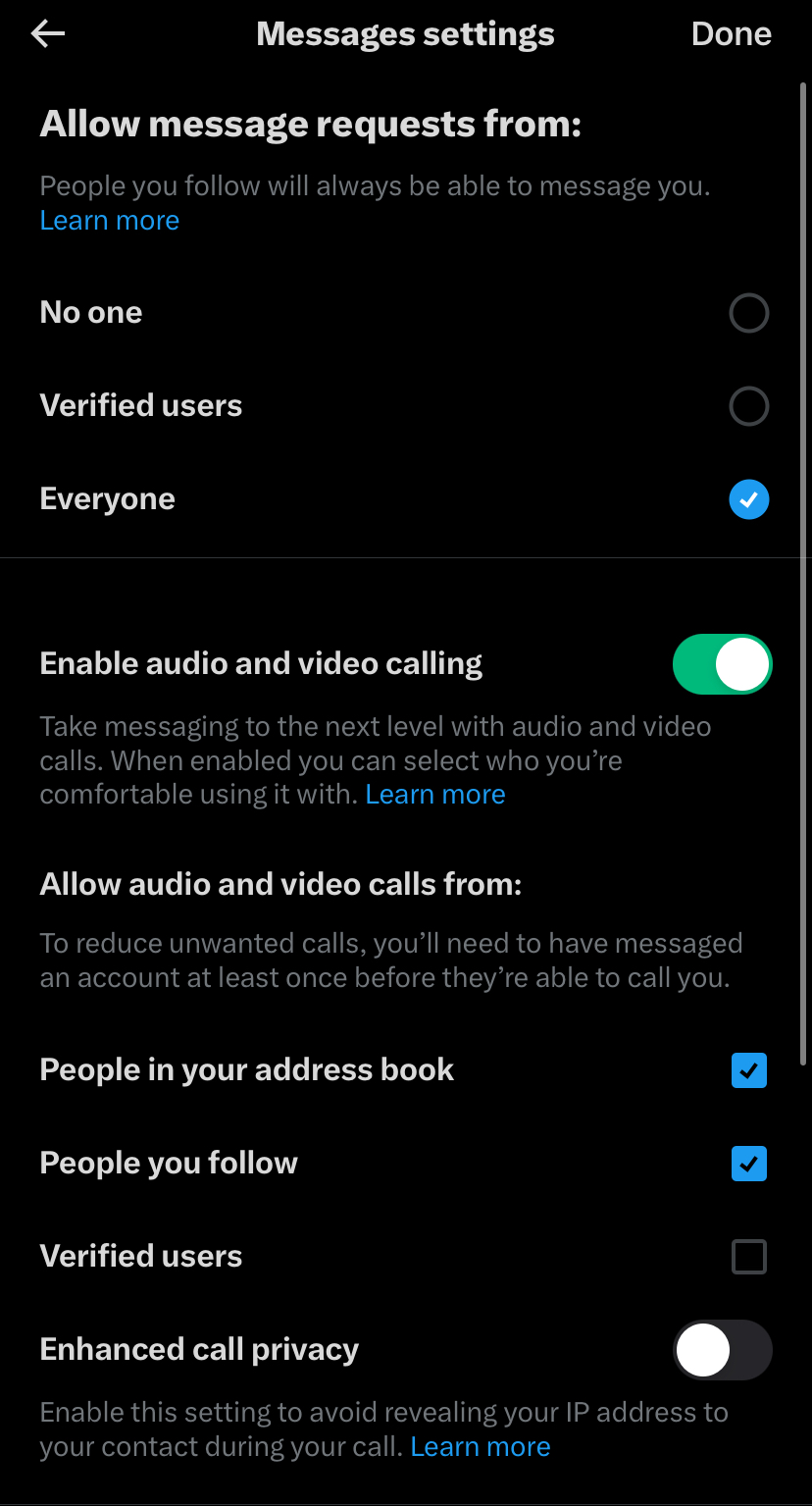 How to disable audio and video calls on Twitter (X).