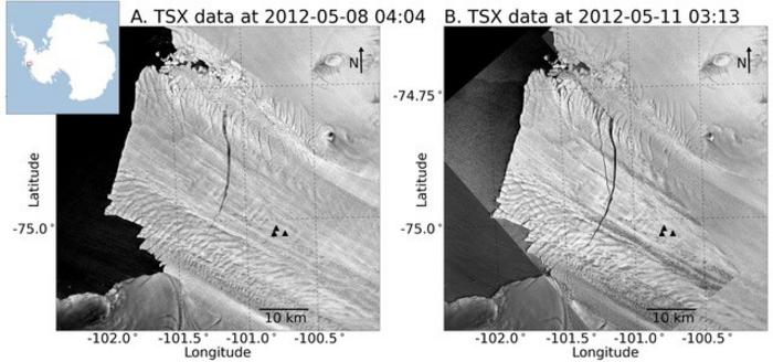 Satellite images taken May 8 (left) and May 11 (right), three days apart in 2012, show a new crack that forms a “Y” branching off to the left of the previous rift.