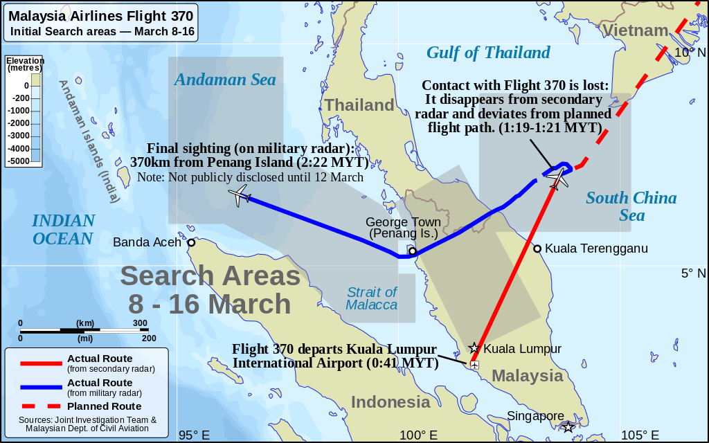 The initial search area for Malaysia Flight 370 in Southeast Asia (8-16 March)