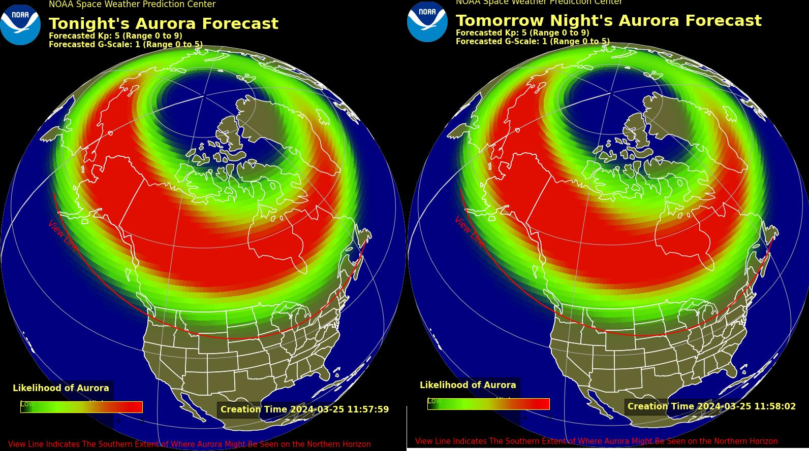 An aurora forecast from the NOAA Space Weather Prediction Center for Sunday March 24 (left) and Monday March 25 (right)