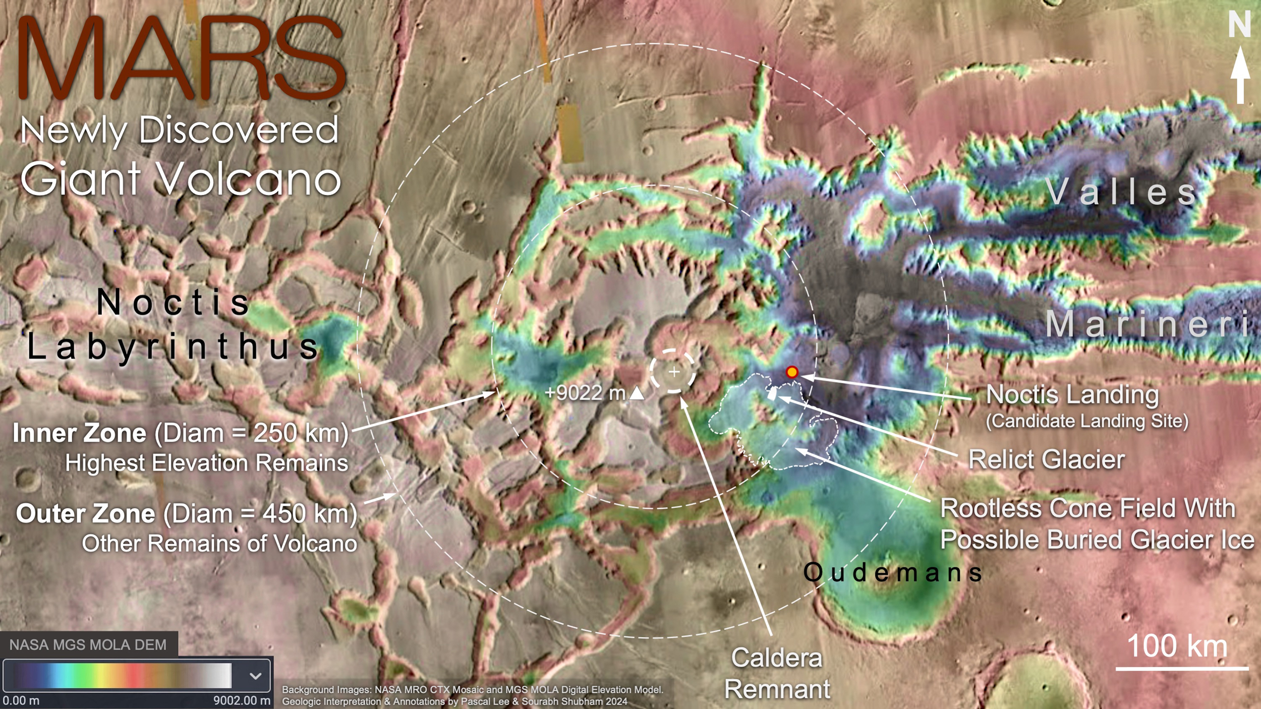 Noctis Volcano with Noctis Labyrinthus to the west and the mighty Valles Marineris to the east