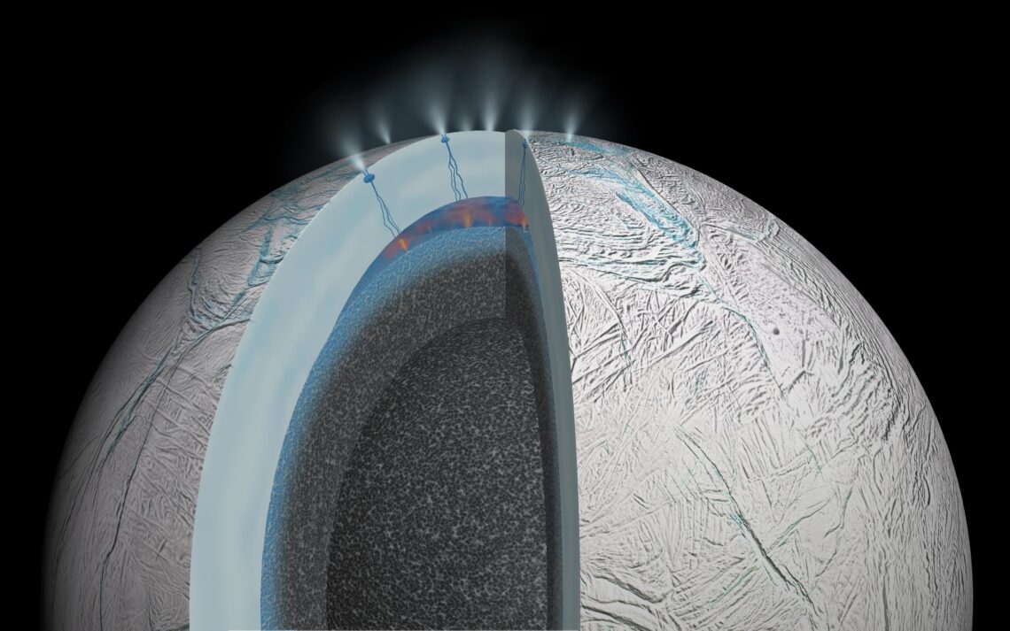 artist's depiction of encedladus, showing layers of the moon's crust and cracks through which plums can escape into space