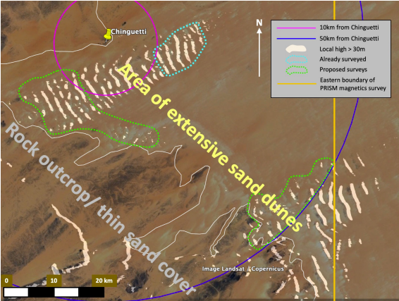 An satellite view of the region around Chnguetti with smaller portion highlighted as promising location as they are found in areas of extensive sand dunes