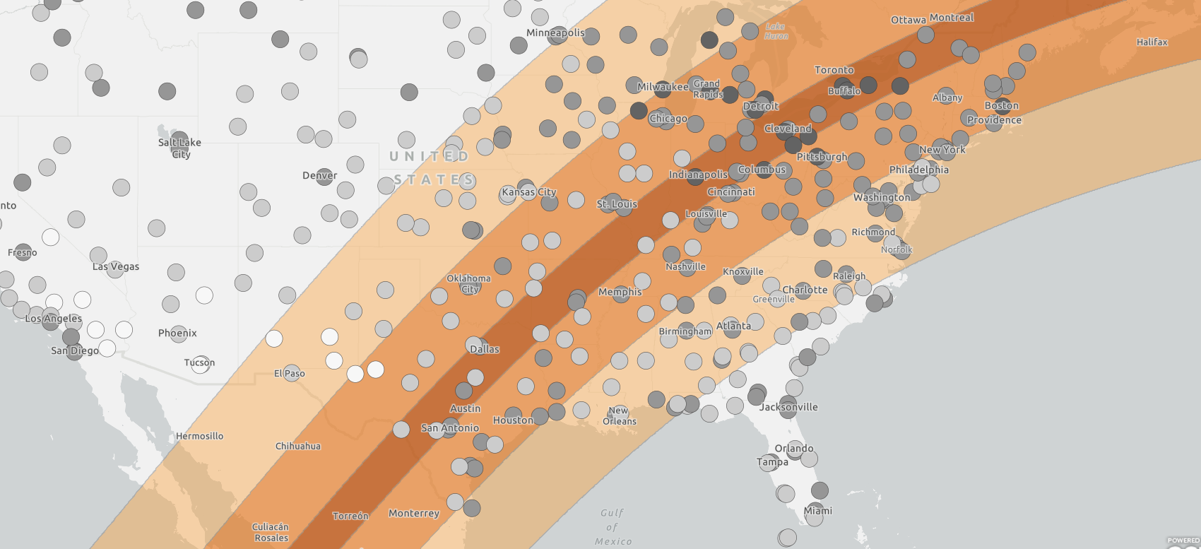 A screenshot of the interactive map showing potential weather conditions during the April 2024 Total Solar Eclipse based on historical trends. The darker the dot, the higher chance of cloud cover.