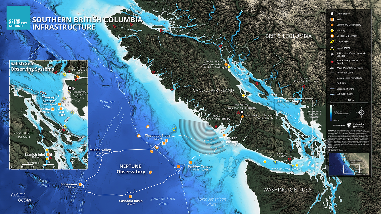 Map of Ocean Network Canada’s southern British Columbia ocean observing infrastructure.