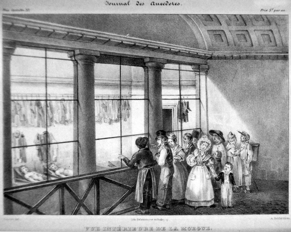 people looking at dead bodies at la morgue in paris