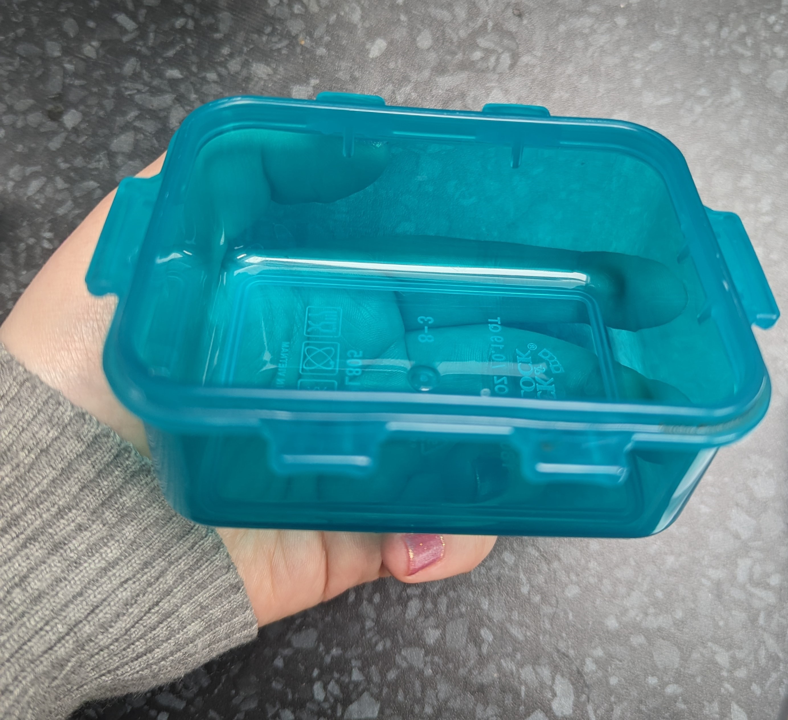 hand holding a blue plastic food storage box against a grey work surface