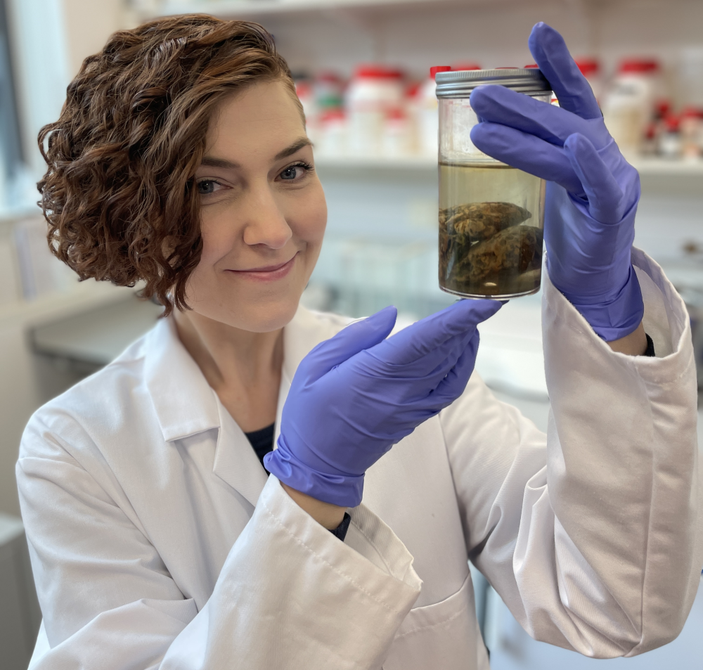 Alexandra Morton-Hayward holds the two cerebellar hemispheres of a 200 year-old brain, preserved in formalin.